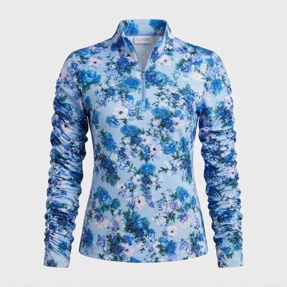 G/FORE Womens Blue Floral Ruched Sleeve Quarter Zip Golf Top Pullover Shirt XL
